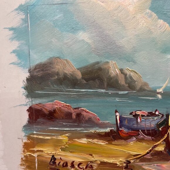 Small Oil Painting on Fiberboard Fishing Boats Sailboats Seashore Island Signed - Picture 4 of 7